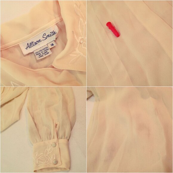 Vintage 80s Allison Smith Sheer Pleated Blouse Top -16 Flower Beads Yellow Flaws - Picture 8 of 9